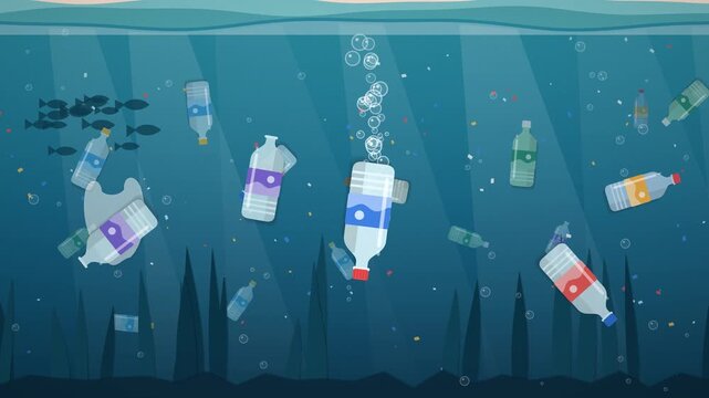 Animaci&oacute;n de contaminaci&oacute;n pl&aacute;stica en el oc&eacute;ano, botella de pl&aacute;stico cayendo al mar y flotando bajo el agua entre basura, estilo papel recortado en 4K.
