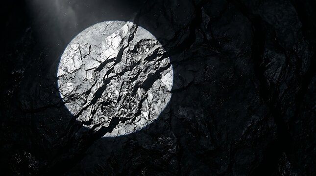 Circular rock formation illuminated by a spotlight dramatic monochrome texture
