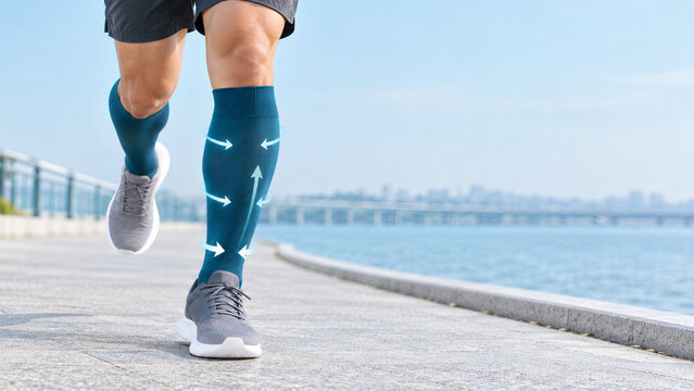 Runner wearing compression socks on waterfront promenade. Graduated compression supports leg circulation during exercise. Running, sports health and active lifestyle.