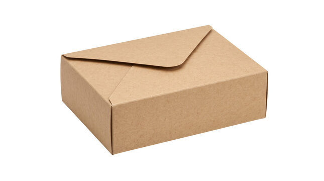 Closed brown cardboard box with a folded lid and a triangular flap, ready for shipping or storage PNG Isolated on transparent background