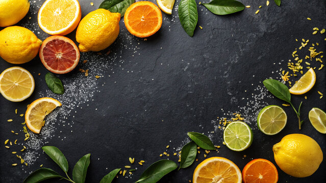 Fresh citrus fruits with green leaves arranged on dark stone background overhead view