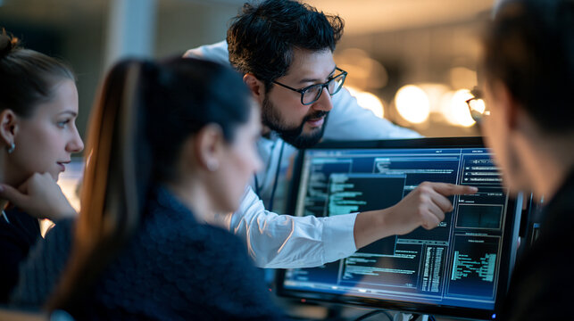 Young asian man software development mentor leading a review seen from behind team lead in a white shirt pointing at a monitor with verification and validation test reports while two