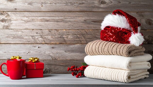Cozy Christmas scene, folded sweaters, cocoa, festive winter decor