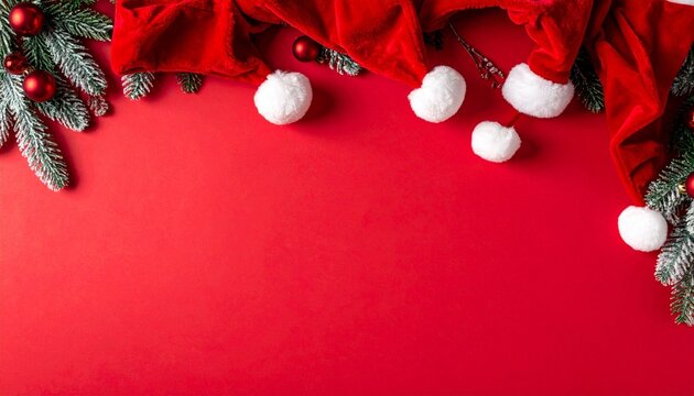Festive Christmas background, red fabric, pinecones, ornaments, holiday decor