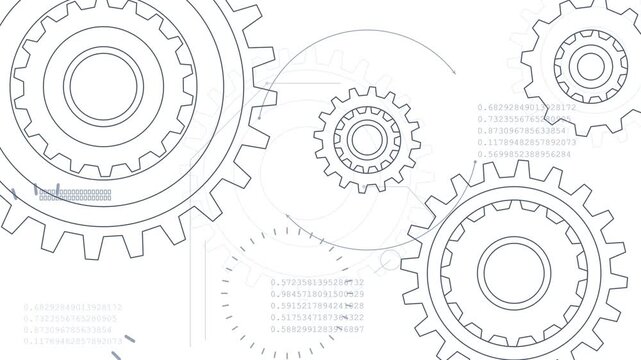 Blueprint schematic animation of rotating mechanical gears with technical hud data on white background