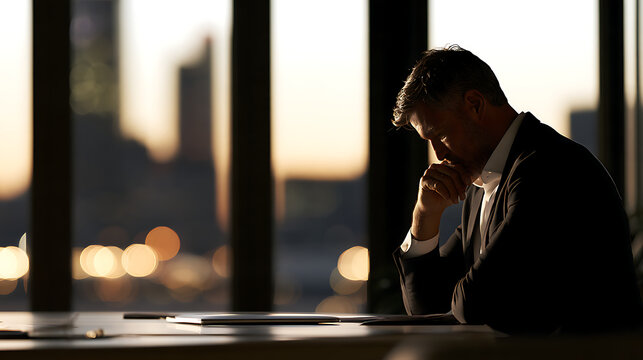 Stressed businessman sitting alone in dark office at sunset, struggling with workplace burnout and emotional exhaustion. Thoughtful male executive facing career uncertainty, professional pressure and 