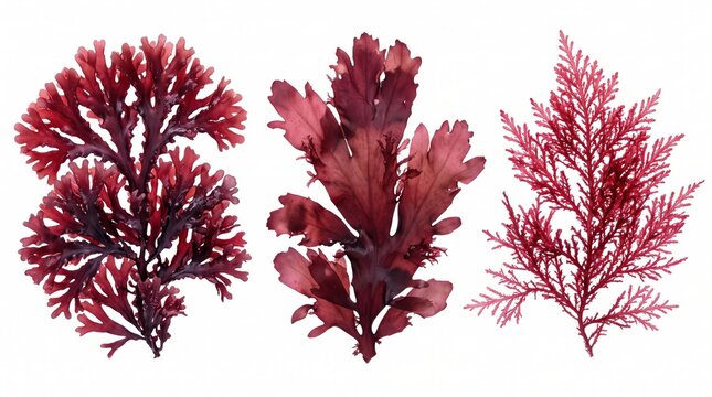 Three distinct specimens of red seaweed, marine algae fronds with branching structures isolated on a plain white background