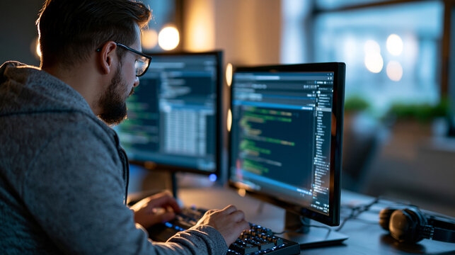 Developer writing sql queries to manage a relational database seen over the shoulder programmer in a gray hoodie at a desk with two monitors showing a query editor and a result table