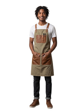 Friendly African American male waiter server standing in apron