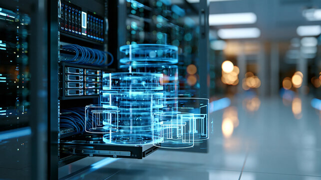 Understanding data storage and database concepts in a server environment open server rack with storage drives and cable management translucent layers of database cylinders and table icons