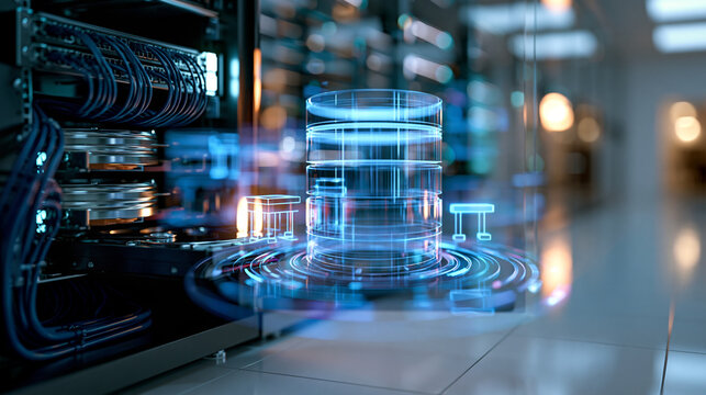 Understanding data storage and database concepts in a server environment open server rack with storage drives and cable management translucent layers of database cylinders and table icons