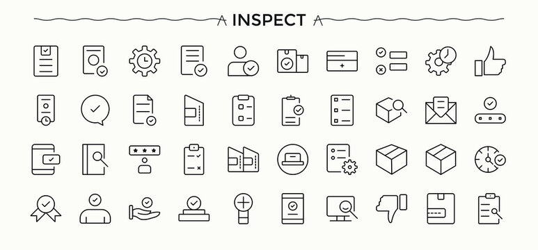 Set of Inspection line icon. Contains such symbols as research, approve, quality, check, audit and more. Modern icons collection. Inspector icon set. Editable vector stroke.