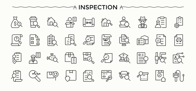 Inspection icon set. Contains related to research, verification, audit, inspect, check and more. Evaluation icon set. Vector illustration in modern line style.
