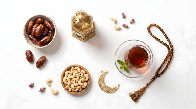 Ramadan still life with dates cashews tea crescent moon and islamic prayer beads on white background