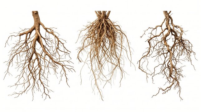 Three isolated sets of brown tree roots with intricate branching systems, showing complex root structures against a plain white background