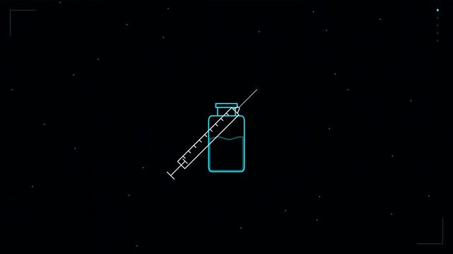 Abstract digital motion render of medical syringe and glass vial icon glowing on dark space background for healthcare science concept