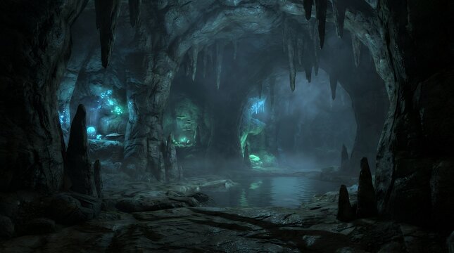 Mysterious underground cavern with shadowy rock formations and glowing ethereal light within a hidden subterranean chamber subterranean cavern mysterious grotto dark cave rocky interior hidden