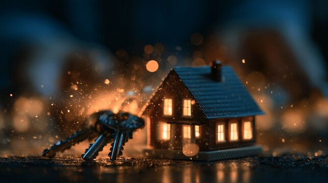 Small illuminated house model glowing at night with warm bokeh lights for real estate advertising.