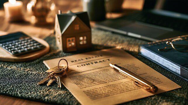Miniature house with keys documents and a calculator arranged on fabric as a real estate planning concept.