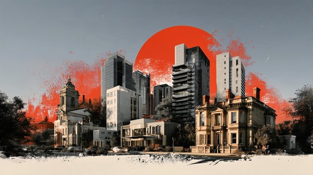 Miniature city skyline beneath a large red sun in an orange sky for urban concept advertising.