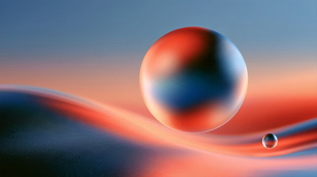 Glossy sphere floating over smooth red and blue waves against a gradient sky for abstract branding.
