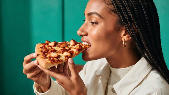 Woman with braids eating a pizza slice against a green background for casual dining advertising.