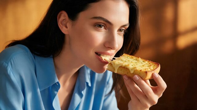 Young woman biting a toasted sandwich in soft daylight for cafe menu advertising.