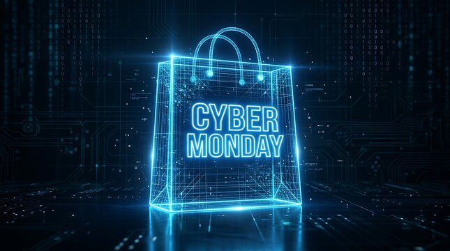 Cyber monday shopping bag glowing with blue digital light.