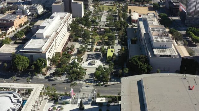 Aerial view of Grand Park and the Civic Center in Los Angeles