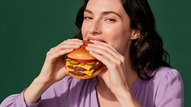 Young woman eating a hamburger against a rich purple background for fast food advertising.