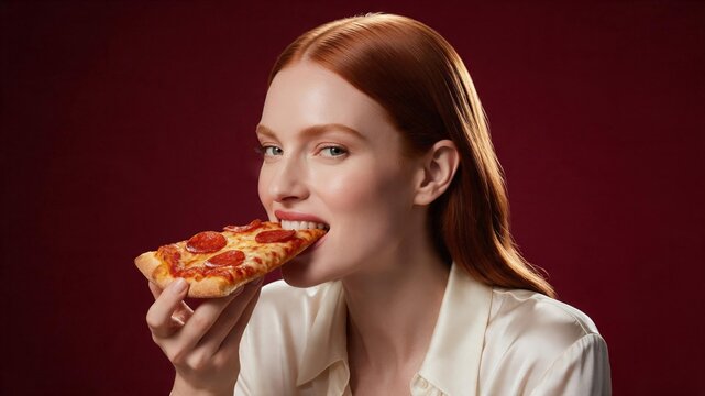 Red haired woman eating pizza in a white blazer against a dark red backdrop for gourmet advertising.