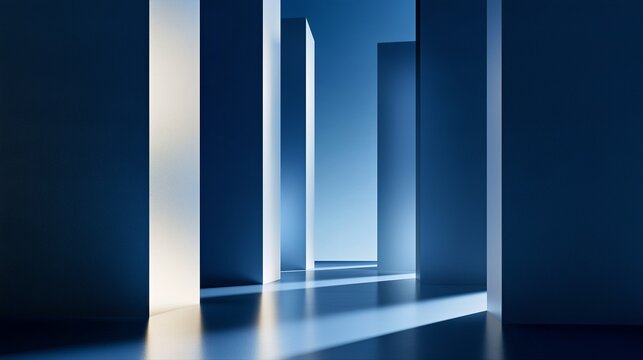 Minimal blue geometric interior with glowing light and sharp shadows for modern architecture advertising.