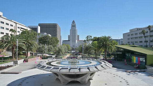 Grand Park memorial fountain and Los Angeles City Hall
