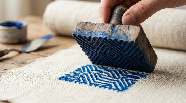 Artisan hand uses wooden block stamp to apply geometric blue pattern onto textured fabric in craft project