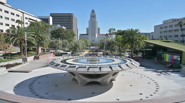 Grand Park fountain and Los Angeles City Hall in downtown LA
