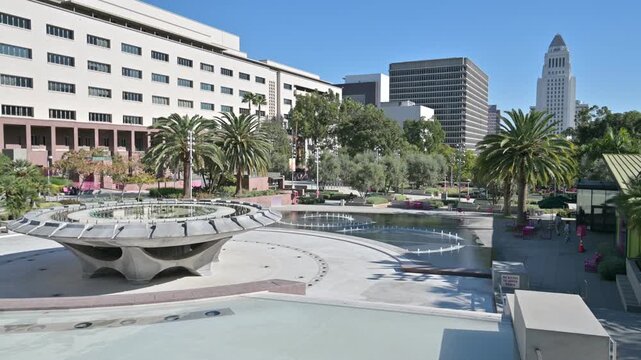 Los Angeles City Hall seen from Grand Park fountain
