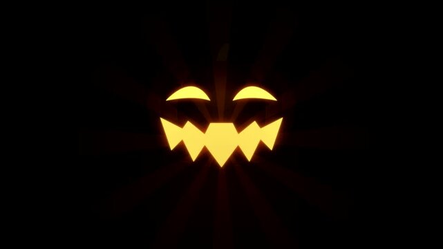 Stylized 3D motion render of a glowing pumpkin face with sharp teeth and sinister yellow eyes for a spooky Halloween atmosphere