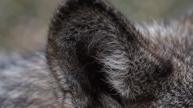 Extreme macro photorealistic cinematic footage of a wild animal's ear with dark fur texture
