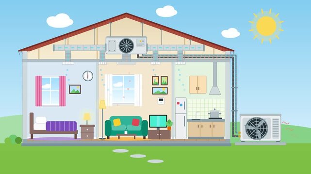 House HVAC air conditioning ventilation system and air filtration cross section animation