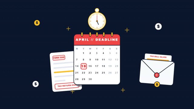 Tax deadline calendar icons with clocks on dark blue background