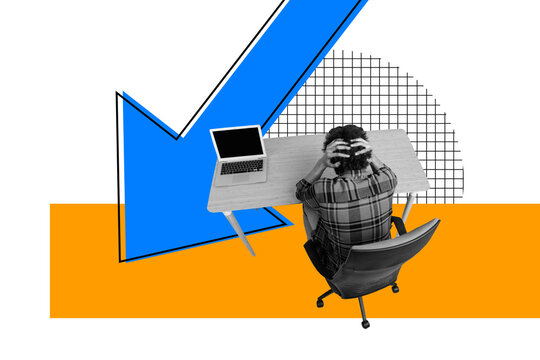 Exclusive art banner collage of sad businessman sit workplace arrow recession collapse crisis broke laptop office table chair