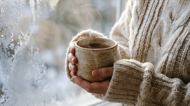 Person holding steaming ceramic mug near frosted winter window in cozy sweater