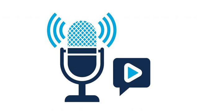 Podcast microphone with sound waves and media play button icon animation