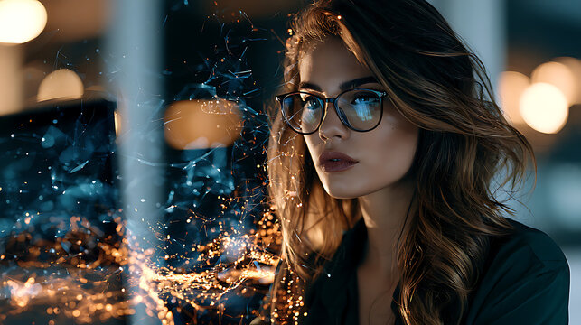 Futuristic portrait of a professional woman wearing glasses surrounded by glowing digital networks and abstract data visualization, symbolizing artificial intelligence, digital transformation and tech
