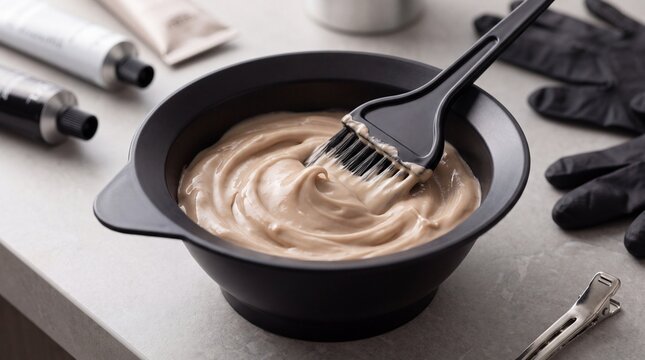 Hair color cream mixed with brush in black bowl at beauty salon