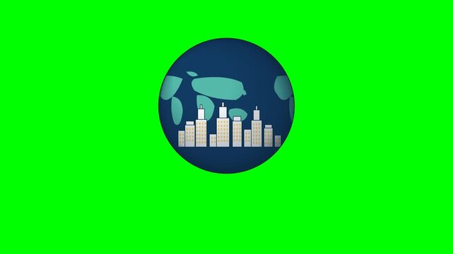 Rotating globe with a clear city skyline and fading World Cities Day typography on a green screen background, ideal for urban development and smart city campaigns.