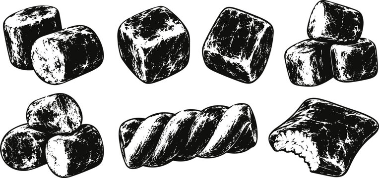Hand drawn candy and marshmallow set sweet treats with textured vintage swirl and bite illustrations