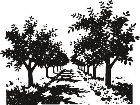 Tree lined pathway with dense foliage and scattered leaves along the ground in symmetrical arrangement