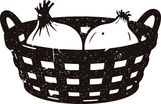 Basket of onions illustration two whole onions in woven basket with rustic textured