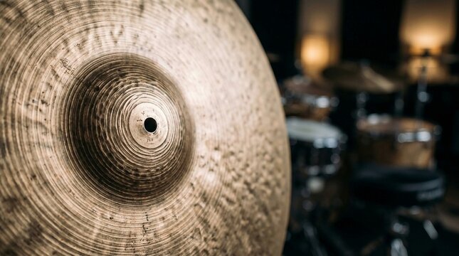 Close up of a metallic cymbal, part of a drum kit, in a recording studio environment